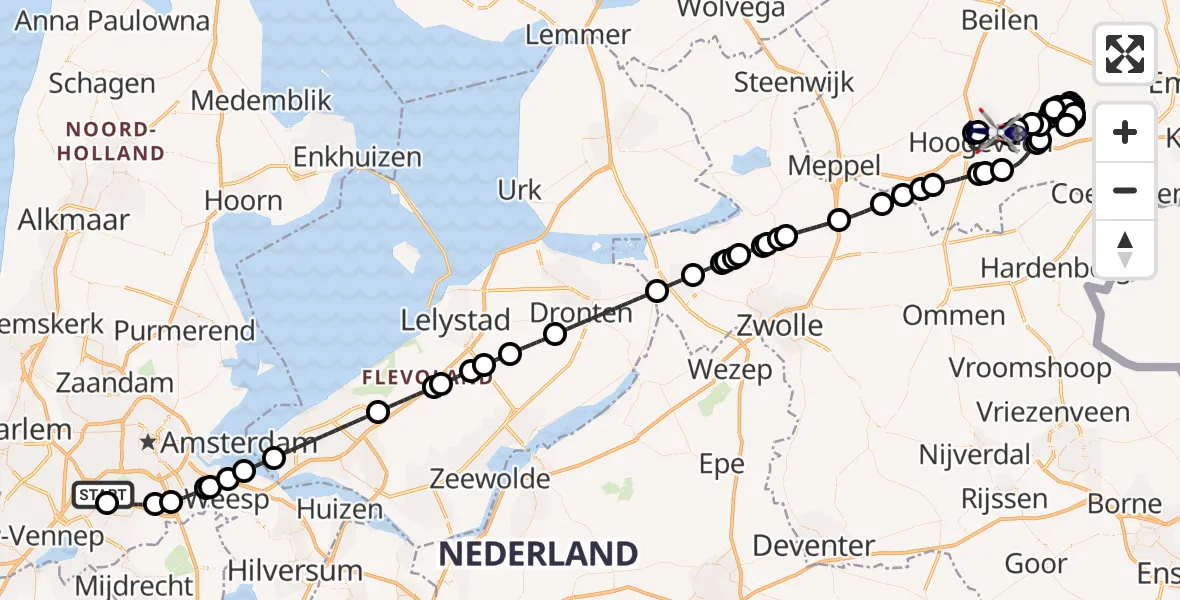 Routekaart van de vlucht: Politiehelikopter naar Hoogeveen, Edisonstraat