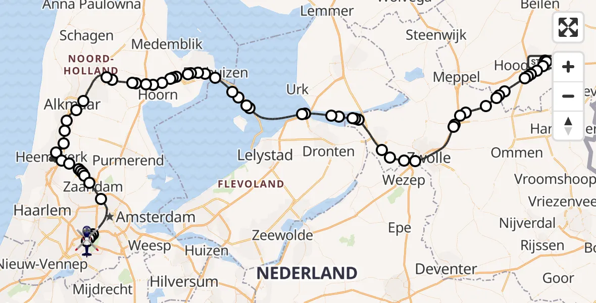 Routekaart van de vlucht: Politiehelikopter naar Amsterdam Vliegveld Schiphol, Amsterdam Vliegveld Schiphol