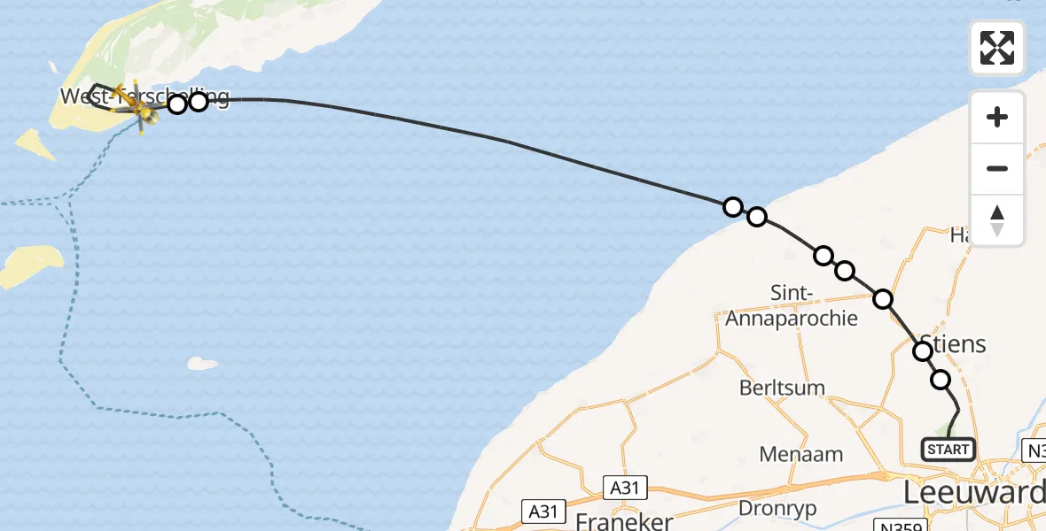 Routekaart van de vlucht: Ambulancehelikopter naar West-Terschelling, Groene Strand