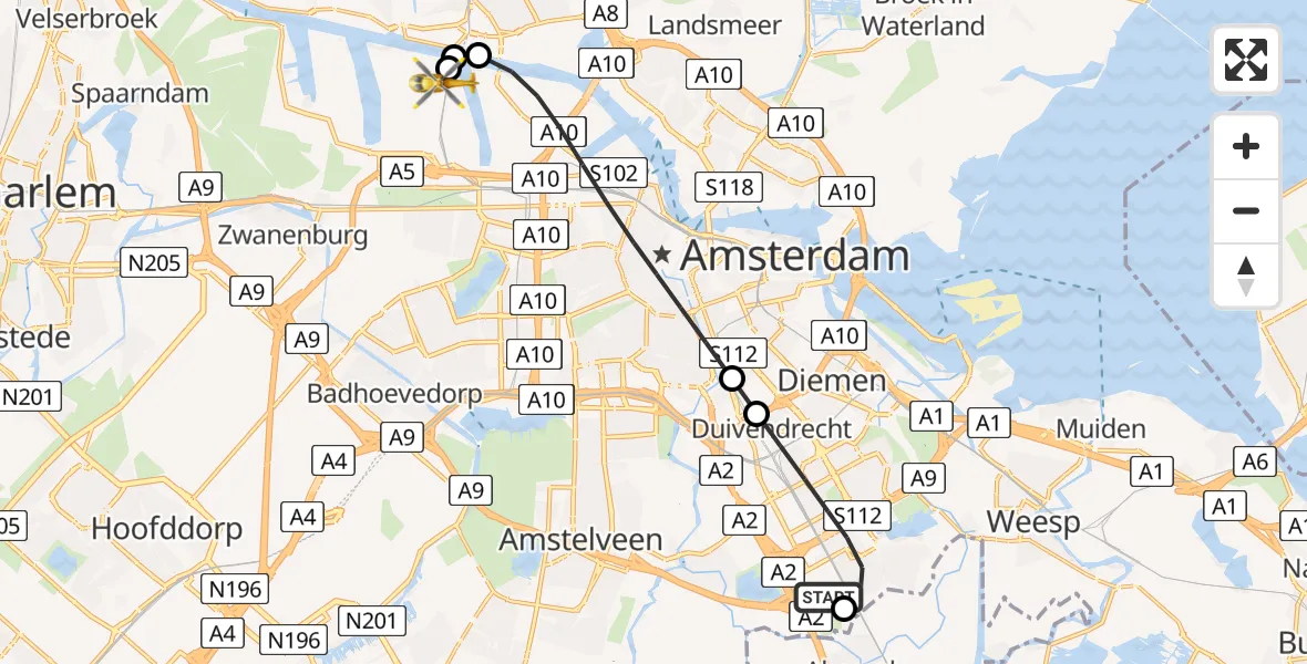 Routekaart van de vlucht: Lifeliner 1 naar Amsterdam Heliport, Amsterdam Heliport