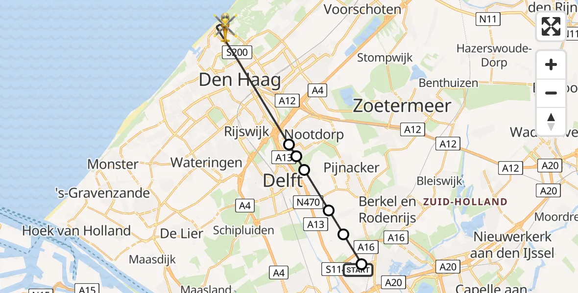 Routekaart van de vlucht: Lifeliner 2 naar Den Haag, Harstenhoekweg