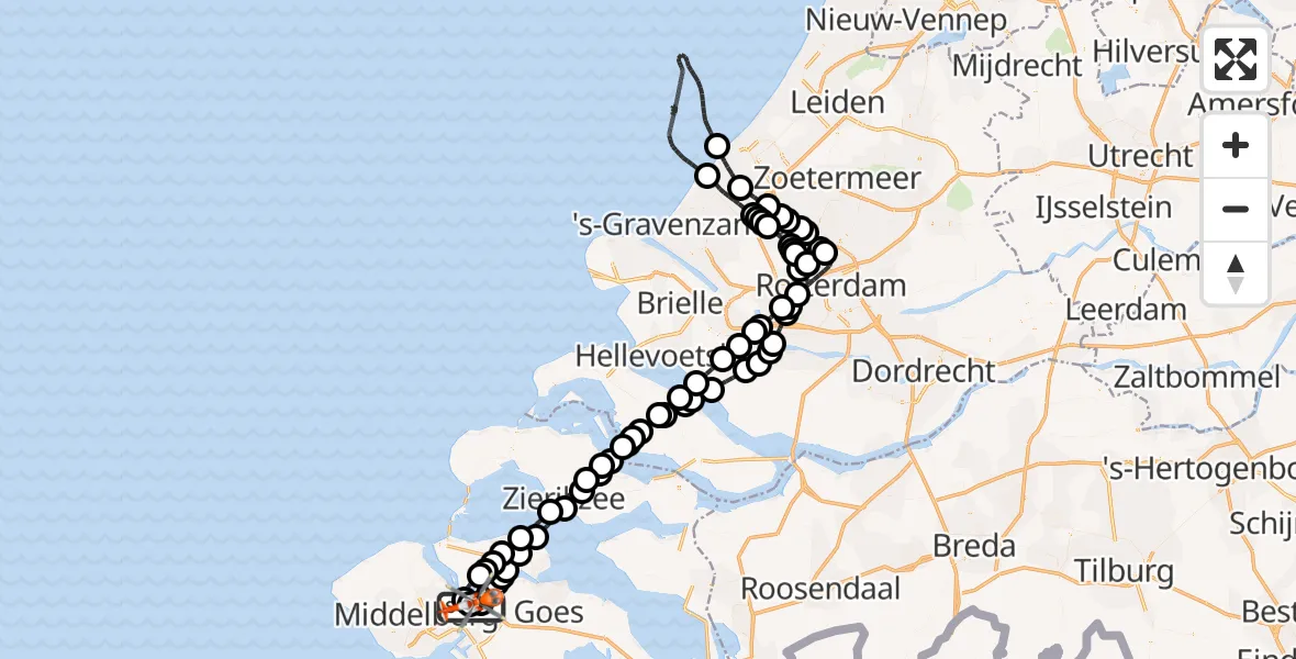 Routekaart van de vlucht: Kustwachthelikopter naar Vliegveld Midden-Zeeland, Vliegveld Midden-Zeeland