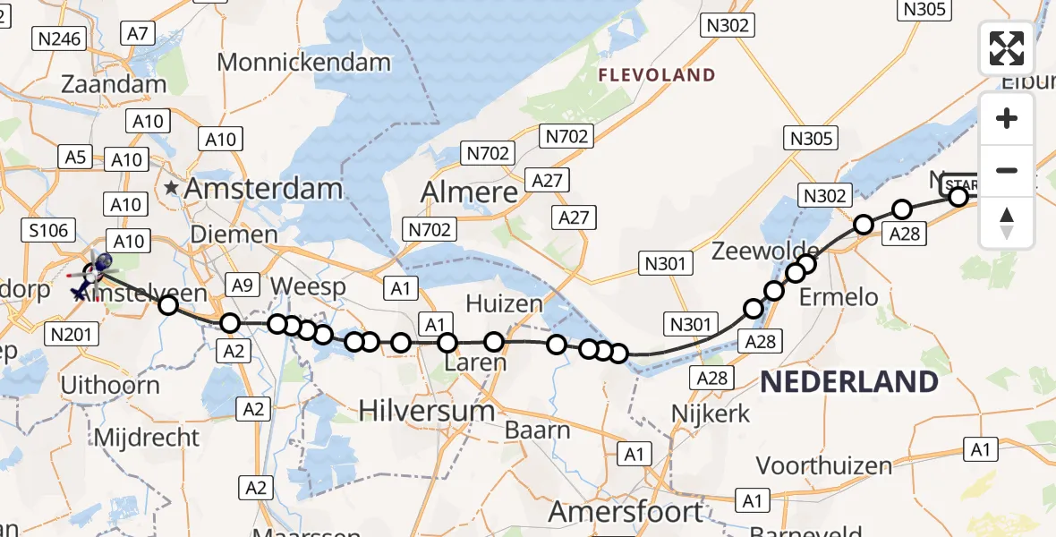 Routekaart van de vlucht: Politiehelikopter naar Amsterdam Vliegveld Schiphol, Amsterdam Vliegveld Schiphol