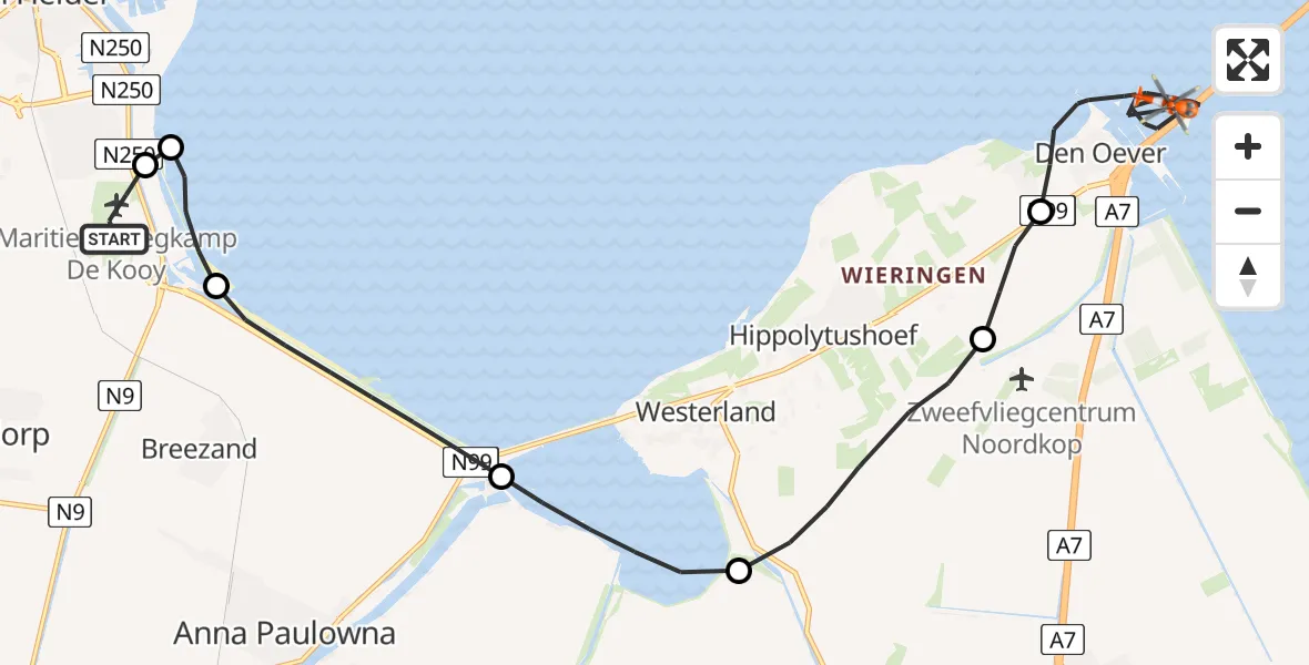 Routekaart van de vlucht: Kustwachthelikopter naar Den Oever, Afsluitdijk