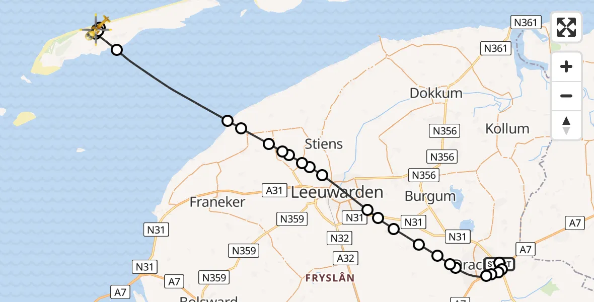 Routekaart van de vlucht: Ambulancehelikopter naar Midsland, Midsland aan Zee