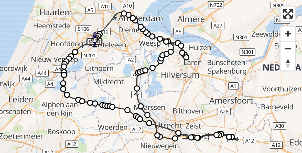 Routekaart van de vlucht: Politiehelikopter naar Amsterdam Vliegveld Schiphol, Amsterdam Vliegveld Schiphol