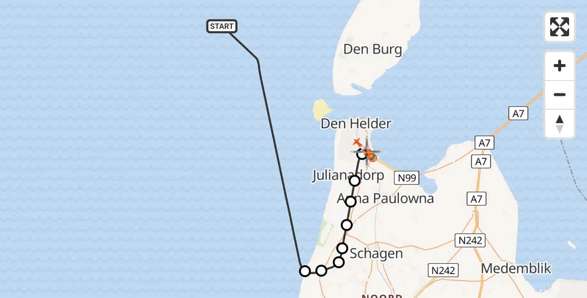 Routekaart van de vlucht: Kustwachthelikopter naar Militair vliegveld De Kooy / Den Helder Airport, Militair vliegveld De Kooy / Den Helder Airport