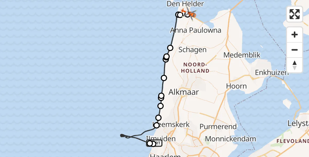 Routekaart van de vlucht: Kustwachthelikopter naar Militair vliegveld De Kooy / Den Helder Airport, Militair vliegveld De Kooy / Den Helder Airport