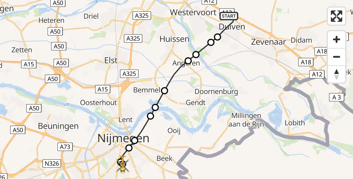 Routekaart van de vlucht: Lifeliner 3 naar Radboud University Medical Center Heliport, Radboud University Medical Center Heliport