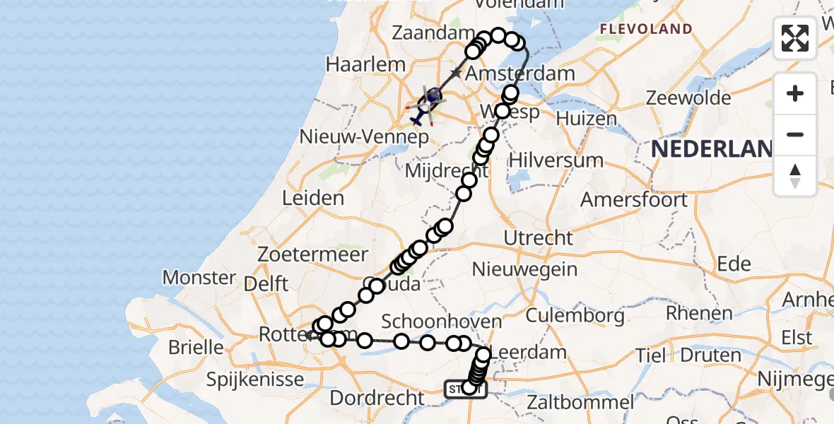 Routekaart van de vlucht: Politiehelikopter naar Amsterdam Vliegveld Schiphol, Amsterdam Vliegveld Schiphol