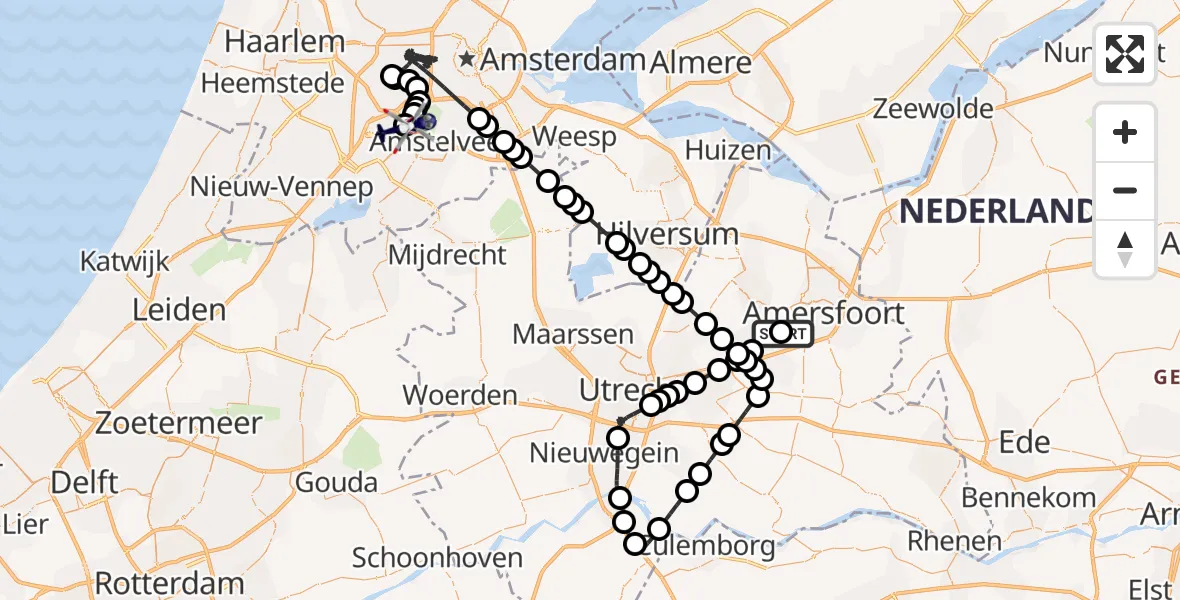 Routekaart van de vlucht: Politiehelikopter naar Amsterdam Vliegveld Schiphol, Amsterdam Vliegveld Schiphol