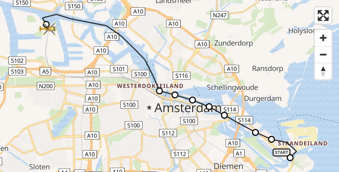 Routekaart van de vlucht: Lifeliner 1 naar Amsterdam Heliport, Amsterdam Heliport