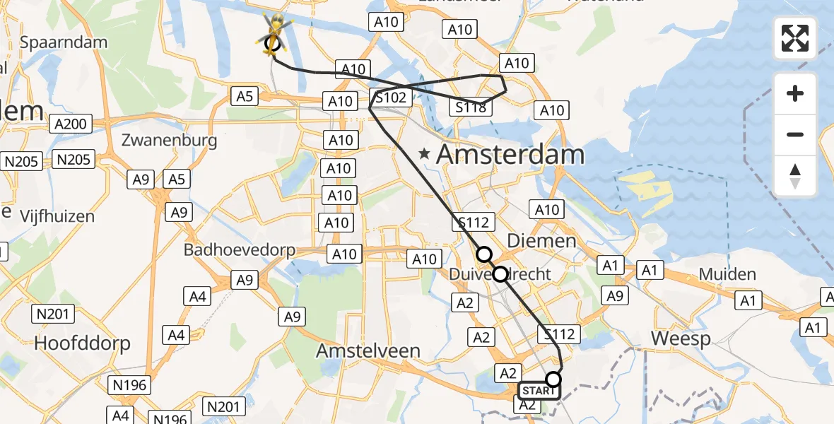 Routekaart van de vlucht: Lifeliner 1 naar Amsterdam Heliport, Amsterdam Heliport