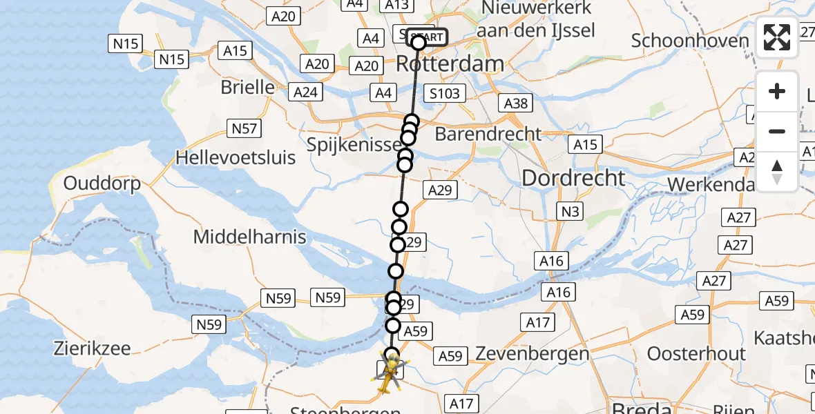 Routekaart van de vlucht: Lifeliner 2 naar Dinteloord, Noordlangeweg