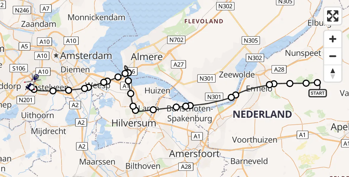 Routekaart van de vlucht: Politiehelikopter naar Amsterdam Vliegveld Schiphol, Amsterdam Vliegveld Schiphol