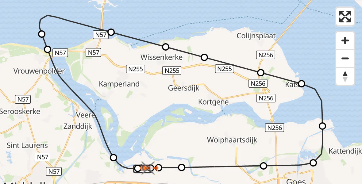 Routekaart van de vlucht: Kustwachthelikopter naar Vliegveld Midden-Zeeland, Vliegveld Midden-Zeeland
