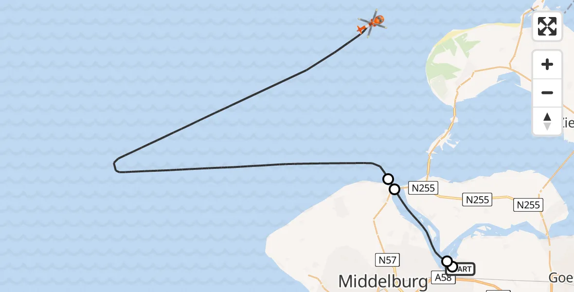 Routekaart van de vlucht: Kustwachthelikopter naar Noordzee, Noordzee