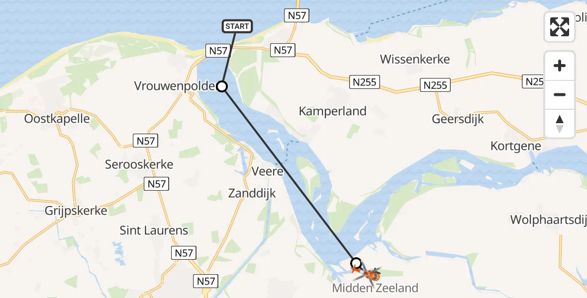 Vluchtroute Kustwachthelikopter van Noordzee naar Arnemuiden