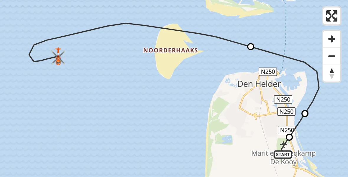 Routekaart van de vlucht: Kustwachthelikopter naar Noordzee, Noordzee