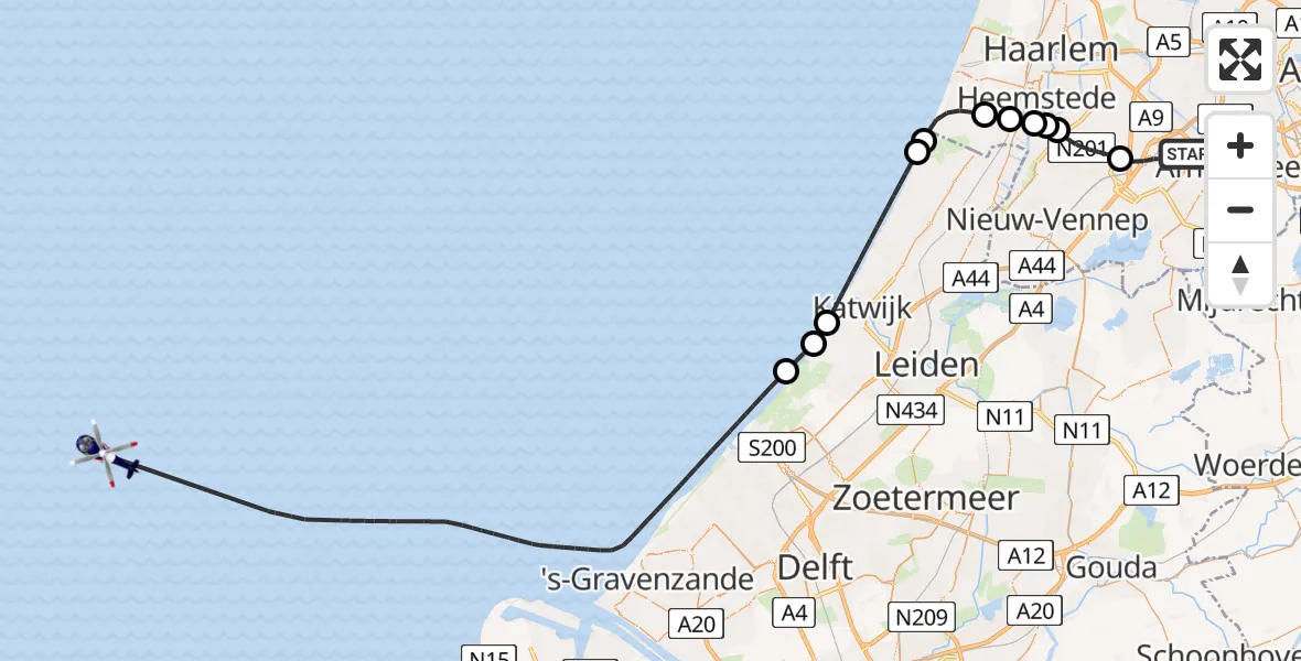 Routekaart van de vlucht: Politiehelikopter naar Noordzee, Noordzee