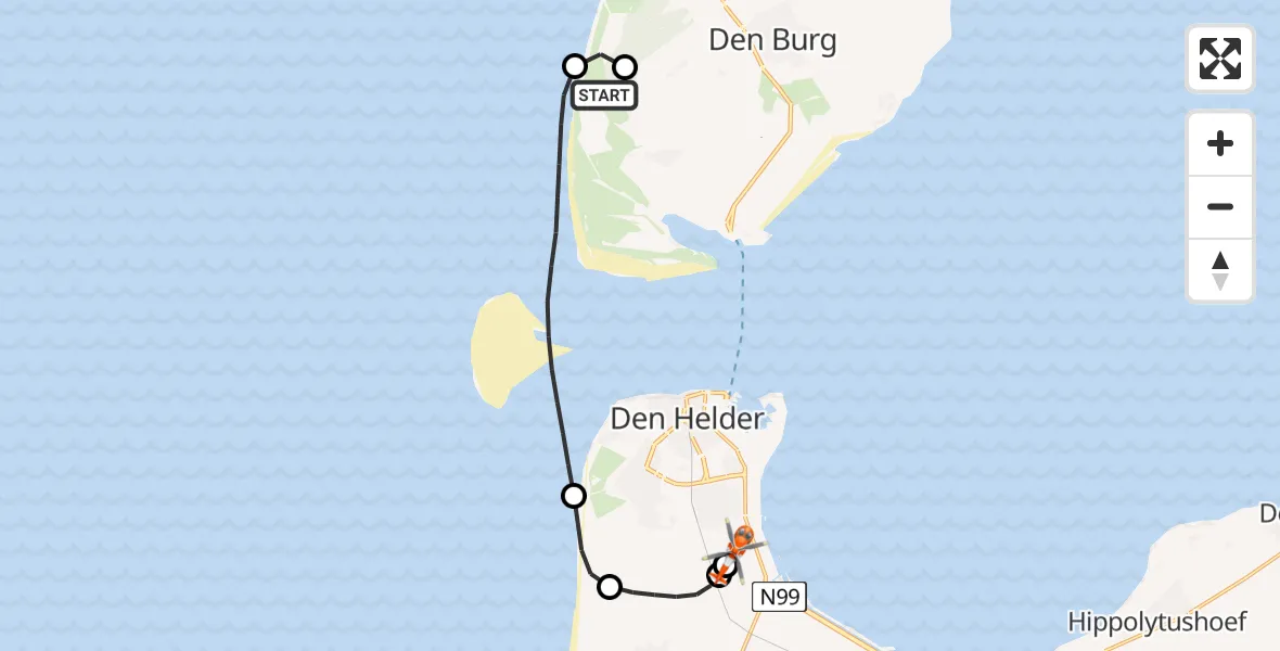 Routekaart van de vlucht: Kustwachthelikopter naar Militair vliegveld De Kooy / Den Helder Airport, Militair vliegveld De Kooy / Den Helder Airport