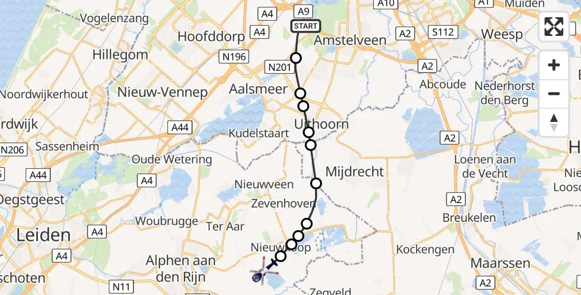 Routekaart van de vlucht: Politiehelikopter naar Aarlanderveen, Achttienkavels