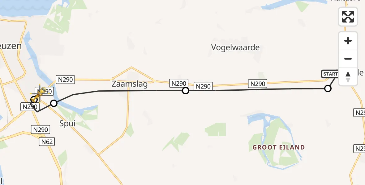 Routekaart van de vlucht: Lifeliner 2 naar Ziekenhuis Zeeuws-Vlaanderen. Locatie De Honte Heliport, Ziekenhuis Zeeuws-Vlaanderen. Locatie De Honte Heliport