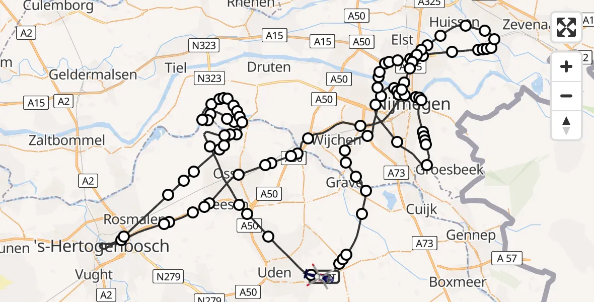 Routekaart van de vlucht: Politiehelikopter naar Vliegbasis Volkel, Vliegbasis Volkel