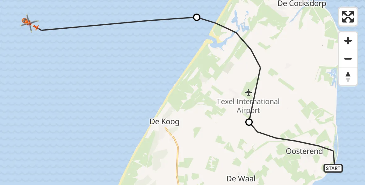 Routekaart van de vlucht: Kustwachthelikopter naar Noordzee, Noordzee