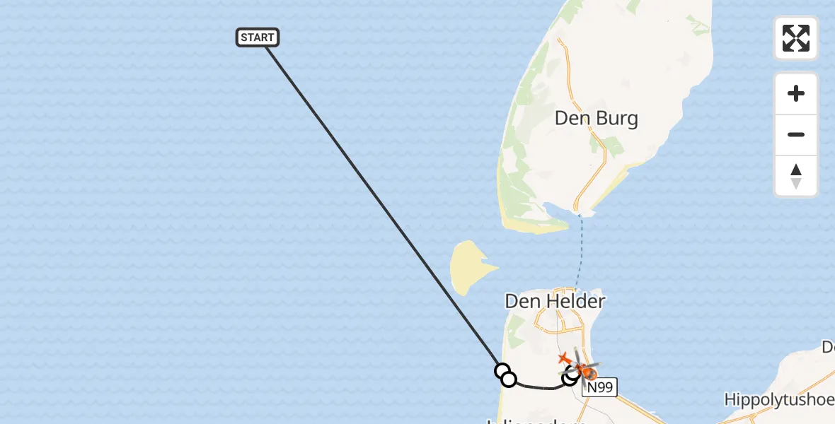 Routekaart van de vlucht: Kustwachthelikopter naar Militair vliegveld De Kooy / Den Helder Airport, Militair vliegveld De Kooy / Den Helder Airport