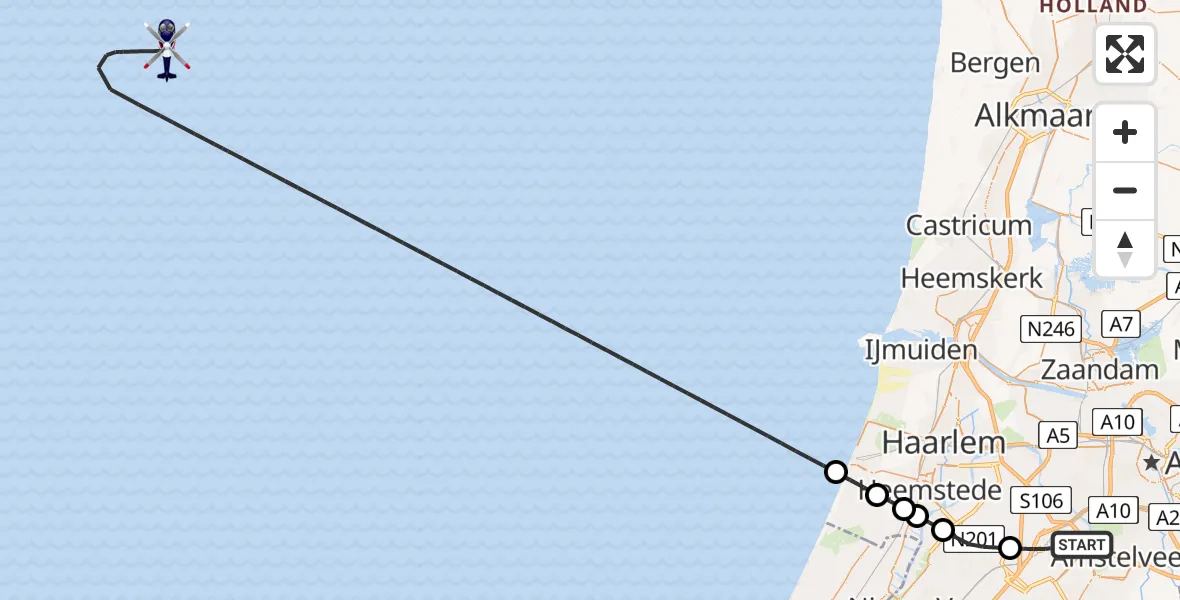 Routekaart van de vlucht: Politiehelikopter naar Noordzee, Noordzee