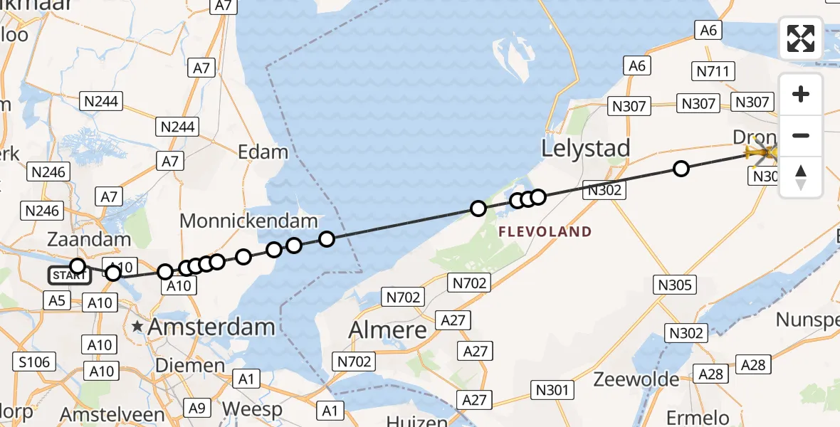 Routekaart van de vlucht: Lifeliner 1 naar Dronten, De Zuid