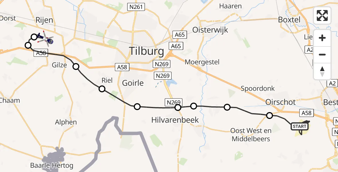 Routekaart van de vlucht: Politiehelikopter naar Vliegbasis Gilze Rijen, Vliegbasis Gilze Rijen