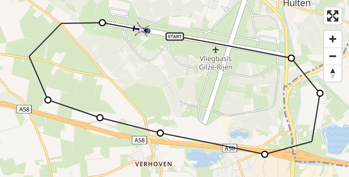 Routekaart van de vlucht: Politiehelikopter naar Vliegbasis Gilze Rijen, Vliegbasis Gilze Rijen