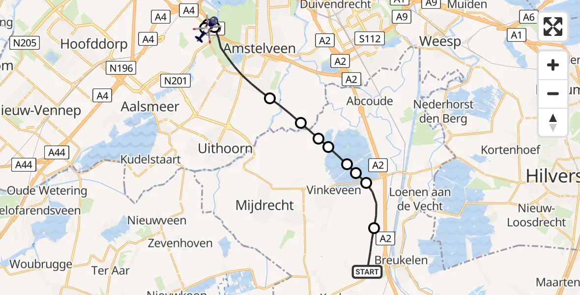 Routekaart van de vlucht: Politiehelikopter naar Amsterdam Vliegveld Schiphol, Amsterdam Vliegveld Schiphol