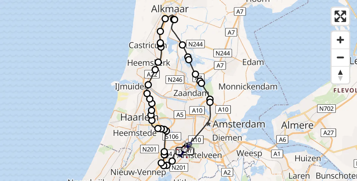 Routekaart van de vlucht: Politiehelikopter naar Amsterdam Vliegveld Schiphol, Amsterdam Vliegveld Schiphol