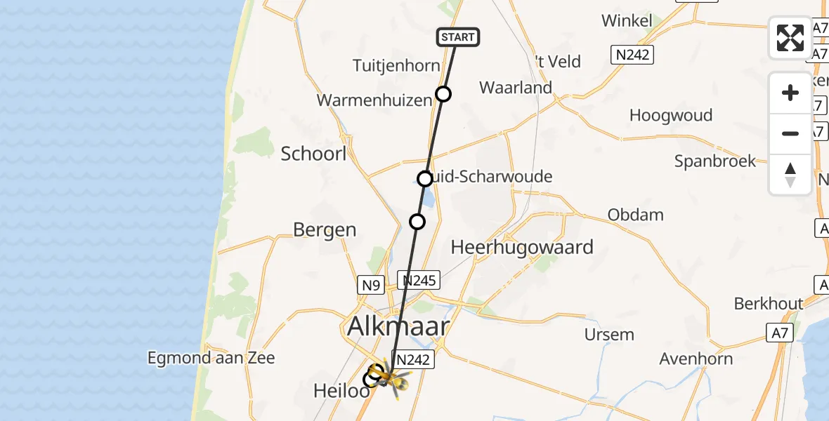 Routekaart van de vlucht: Lifeliner 1 naar Alkmaar, Parelweg