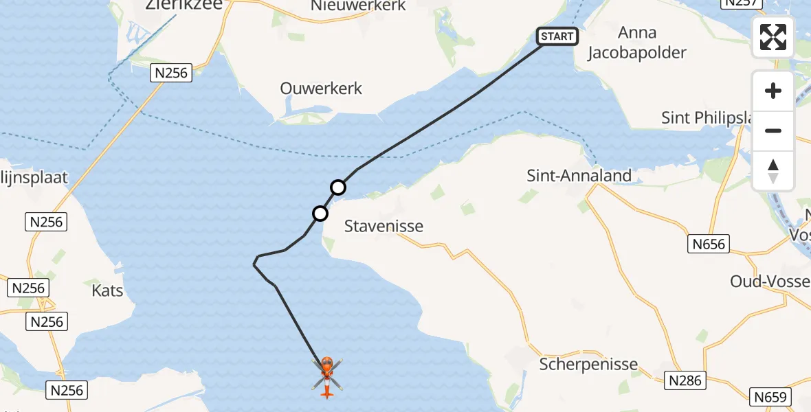 Routekaart van de vlucht: Kustwachthelikopter naar Oosterschelde, Oosterschelde