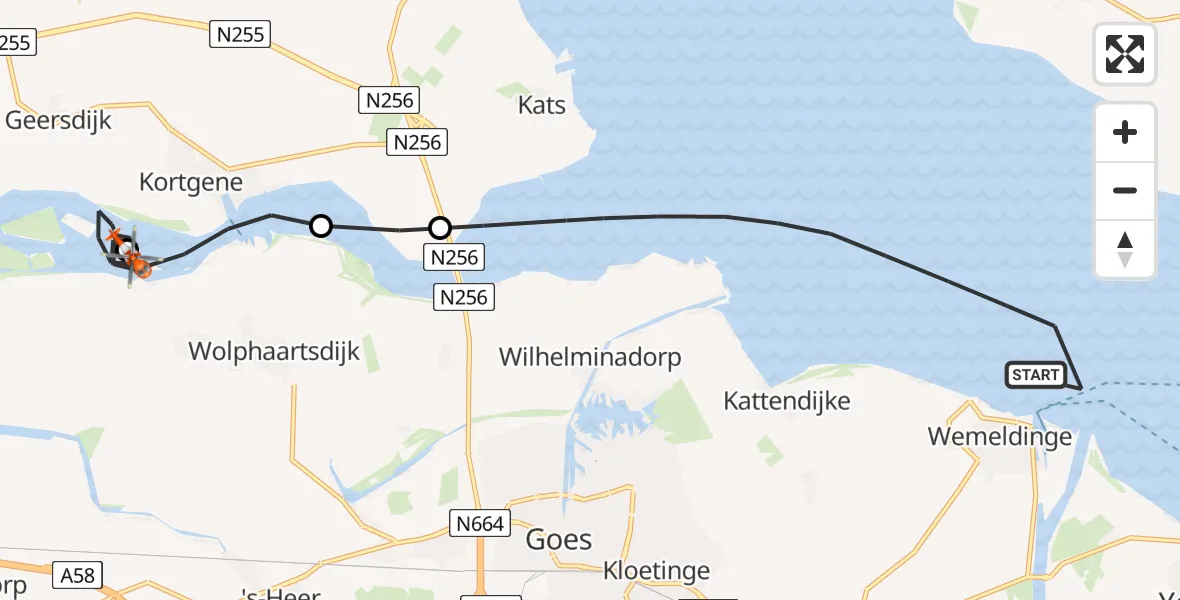 Routekaart van de vlucht: Kustwachthelikopter naar Oud-Sabbinge, Muidenweg