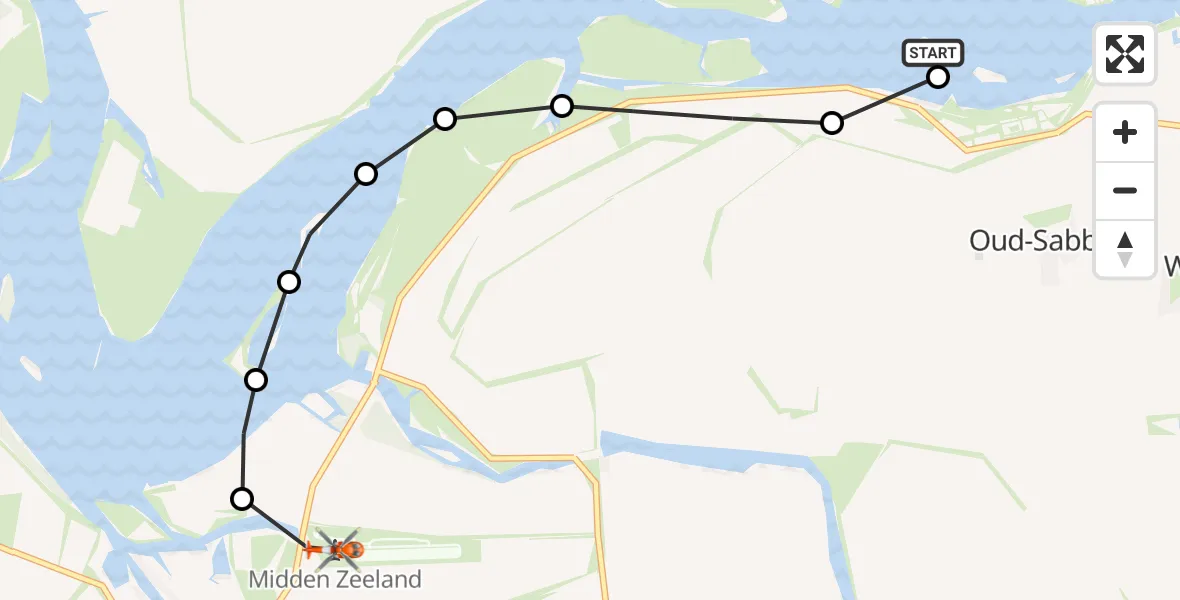 Routekaart van de vlucht: Kustwachthelikopter naar Vliegveld Midden-Zeeland, Vliegveld Midden-Zeeland