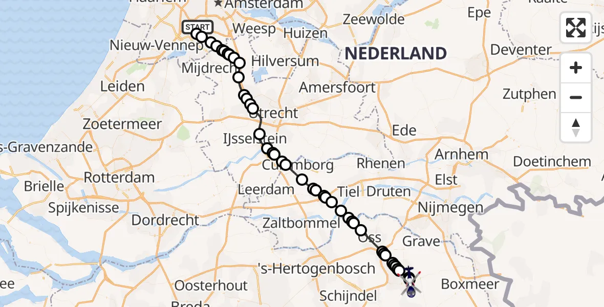 Routekaart van de vlucht: Politiehelikopter naar Vliegbasis Volkel, Vliegbasis Volkel