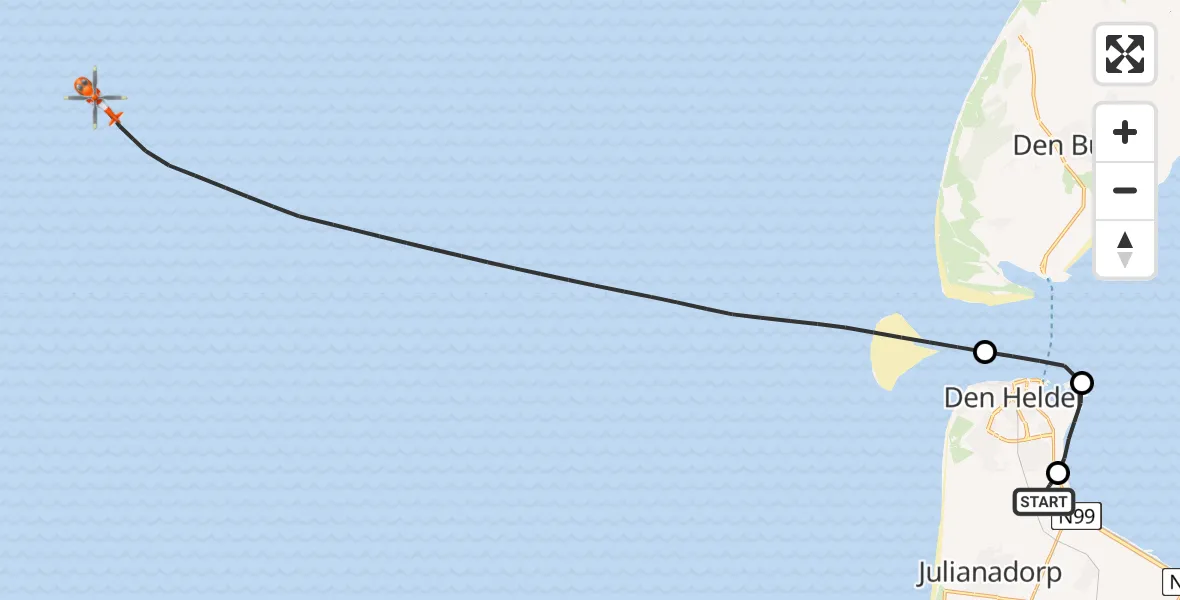 Routekaart van de vlucht: Kustwachthelikopter naar Noordzee, Noordzee