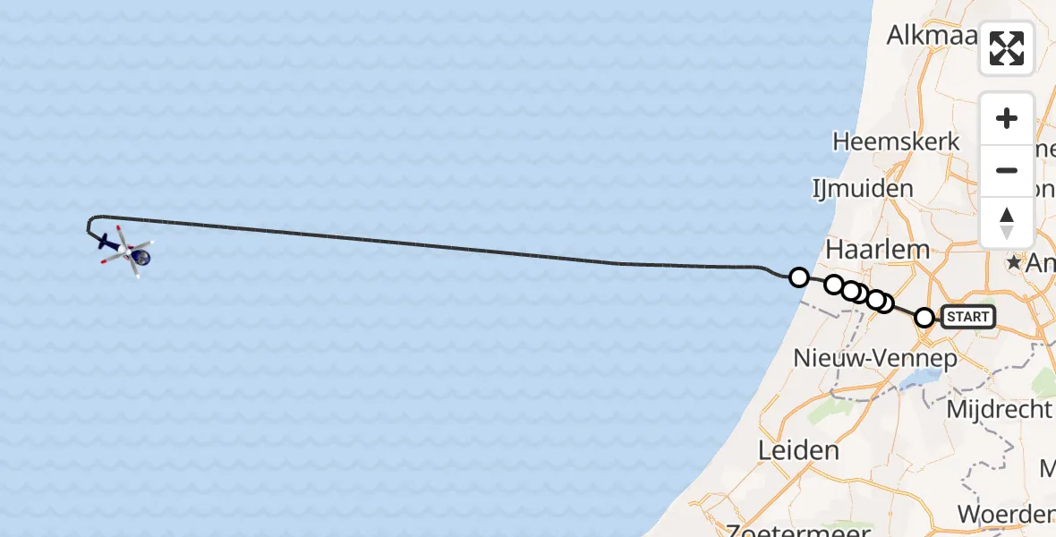 Routekaart van de vlucht: Politiehelikopter naar Noordzee, Noordzee