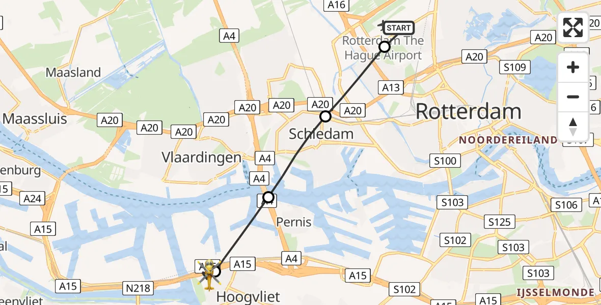 Routekaart van de vlucht: Lifeliner 2 naar Hoogvliet, Rijksweg A15