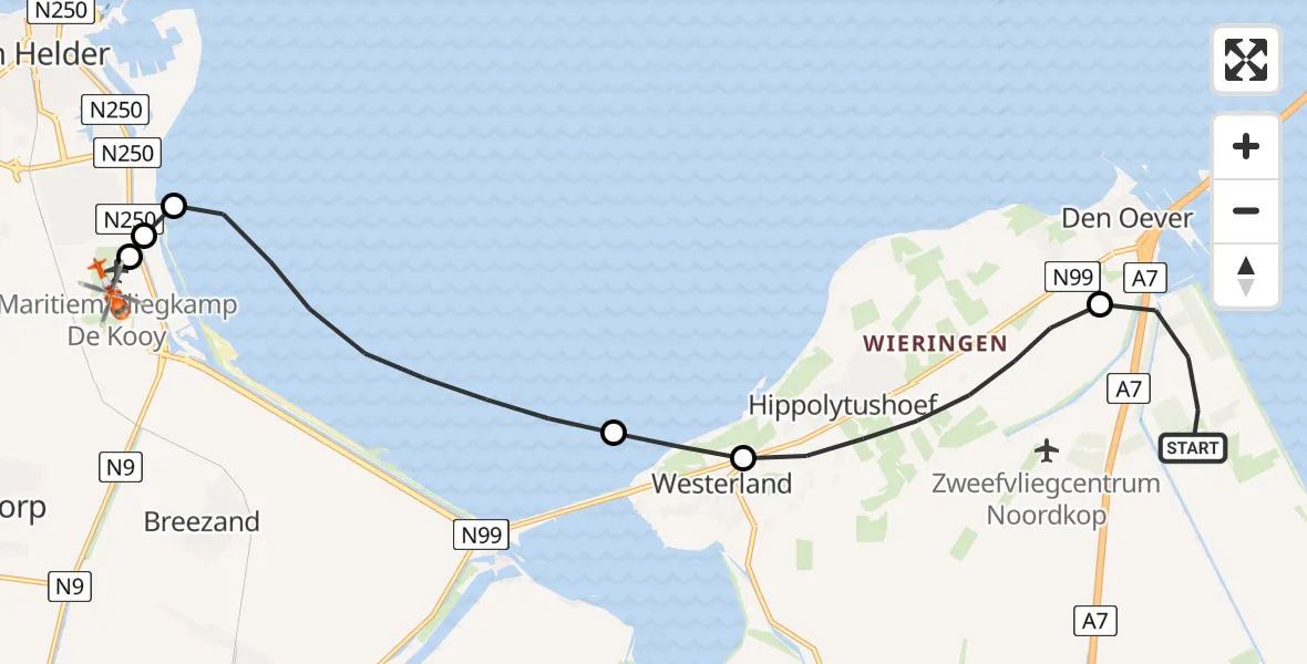 Routekaart van de vlucht: Kustwachthelikopter naar Militair vliegveld De Kooy / Den Helder Airport, Militair vliegveld De Kooy / Den Helder Airport