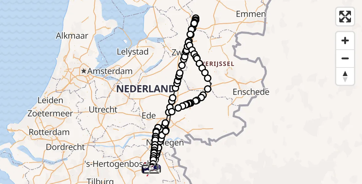 Routekaart van de vlucht: Politiehelikopter naar Vliegbasis Volkel, Vliegbasis Volkel