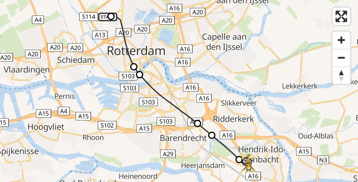 Routekaart van de vlucht: Lifeliner 2 naar Hendrik-Ido-Ambacht, Rijksweg A16
