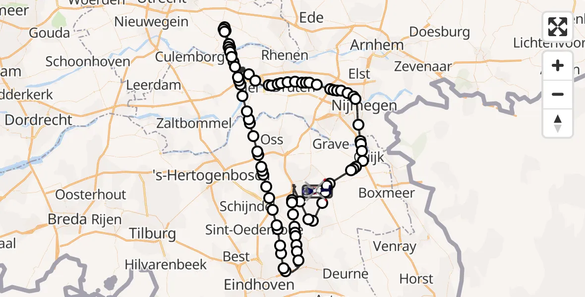 Routekaart van de vlucht: Politiehelikopter naar Vliegbasis Volkel, Vliegbasis Volkel