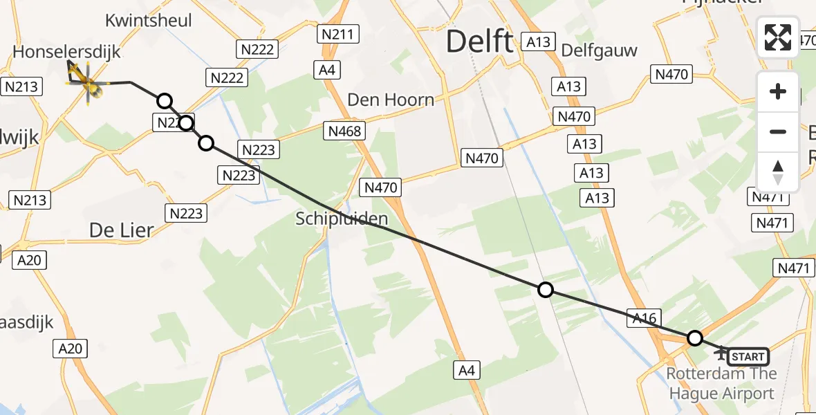 Routekaart van de vlucht: Lifeliner 2 naar Honselersdijk, Molenlaan