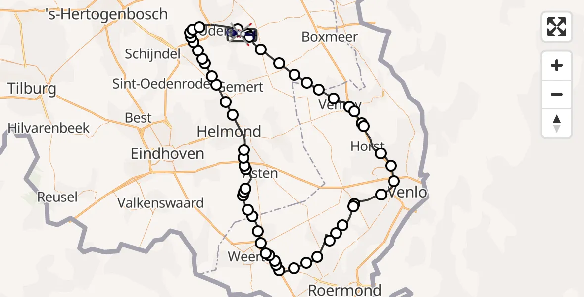 Routekaart van de vlucht: Politiehelikopter naar Vliegbasis Volkel, Vliegbasis Volkel